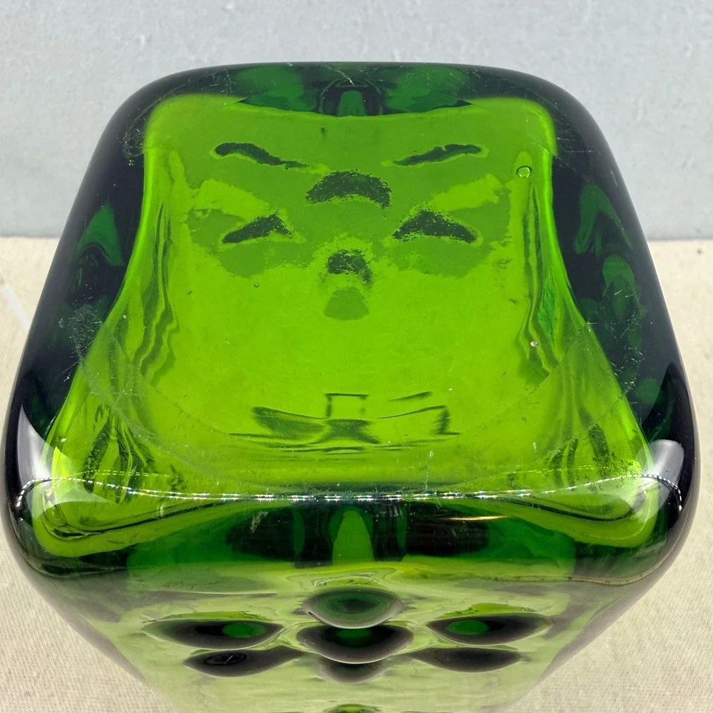 Blenko 6115M Olive‎ Green Asterisk Daisy Block Vase Wayne Husted 10.5